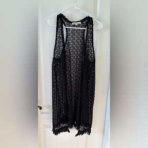 WallFlower Black Lace Fringe Duster Vest Long Open Front Size L